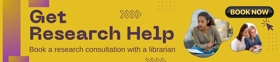 Banner with text 'Get Research Help' and images of people studying, with a 'Book Now' button. Click to book an appointment with a librarian.